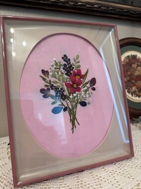 Framed Pink Floral Embroidered Wall Art by